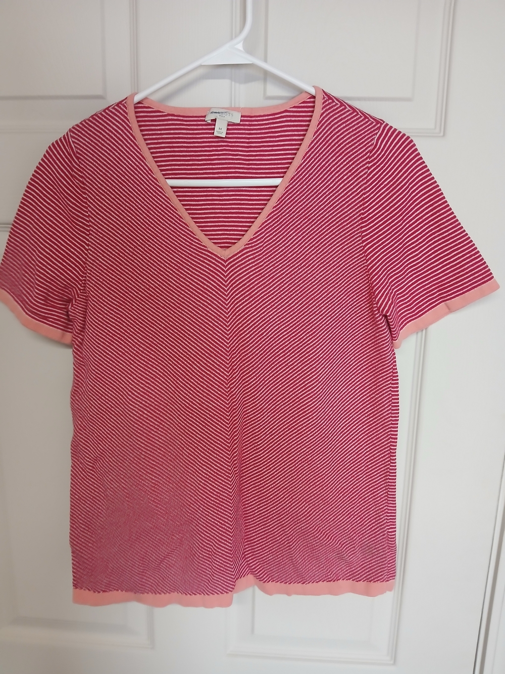 Talbots Red Pink & White Striped V‑Neck Short Sleeve Sweater Top